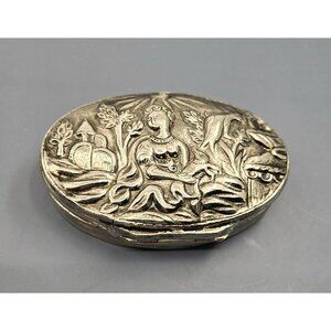 Antique Silver-Plated Oval Jewelry Box With Embossed Design & wine colored velve